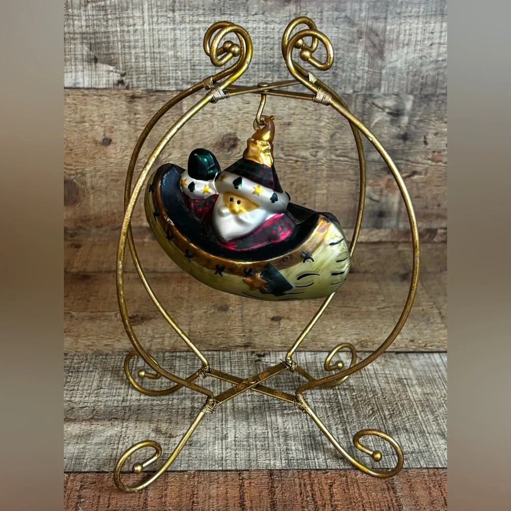 Vintage Santa Claus In Canoe Glass Christmas Tree Ornament Rustic Lake
